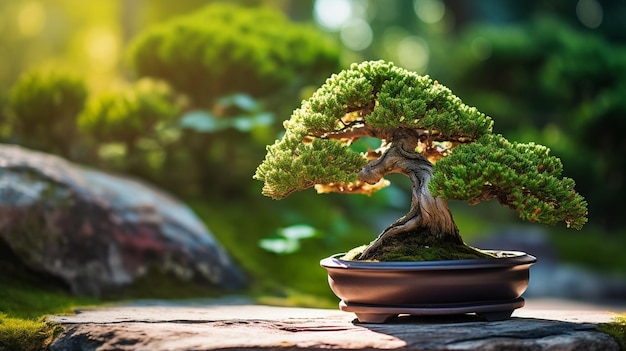 Bonsai-Baum mit roten Bonsai-Blüten auf dem Hintergrund eines grünen Gartens