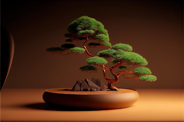 Bonsai-Baum und Goldstein auf braunem Hintergrund