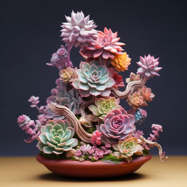 Bonsai colorido y suculento, surrealismo de ensueño con pétalos intrincados