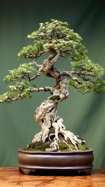 Bonsai de tronco torcido em um cenário sereno