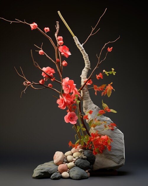 Bonsai em vaso tirado em um fundo escuro com flores vermelhas destacadas