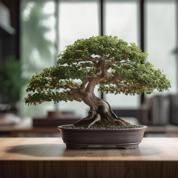 Un bonsái está sobre una mesa en una habitación con una gran ventana detrás.