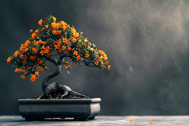 Un bonsai con flores de naranja en forma de pétalos de flores kumgang japonesas