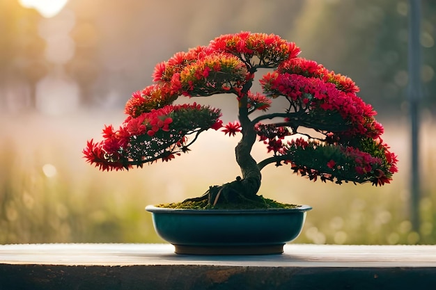 Un bonsái con flores rojas en una maceta