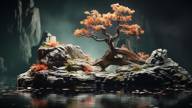 Bonsai-Kunst Drei Steine mit fließendem Wasser