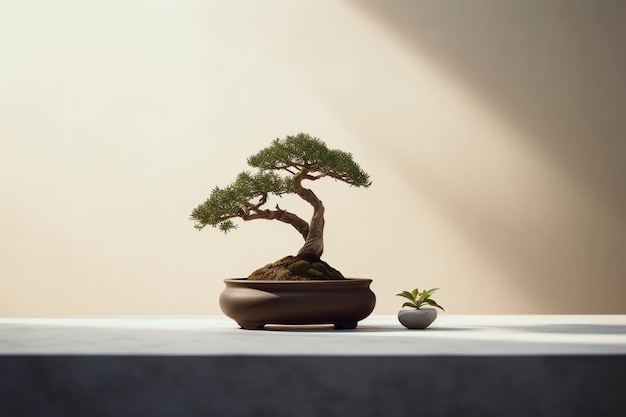 Un bonsái en una maceta con una pequeña planta dentro