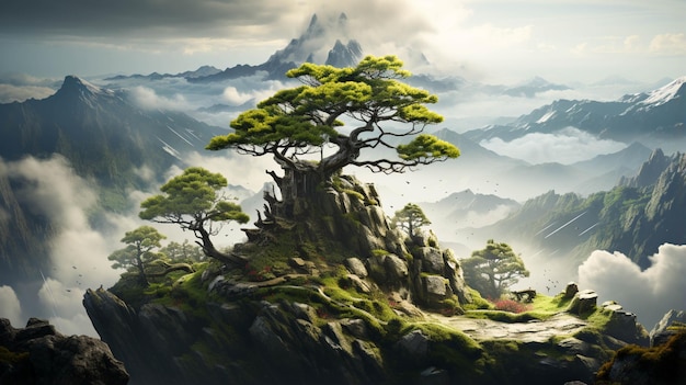 Bonsai en una montaña con paisaje