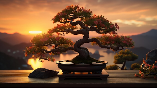 Bonsai na praia com céu pôr do sol