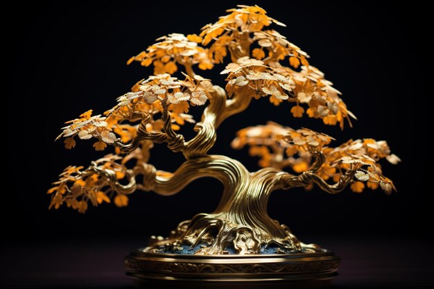 bonsai de oro japonés en primer plano sobre un fondo negro