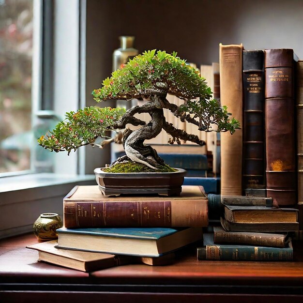 Foto bonsai sobre livros velhos e uma janela atrás de um quarto bonito