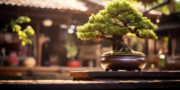 Bonsai steht vor weicher Unschärfe