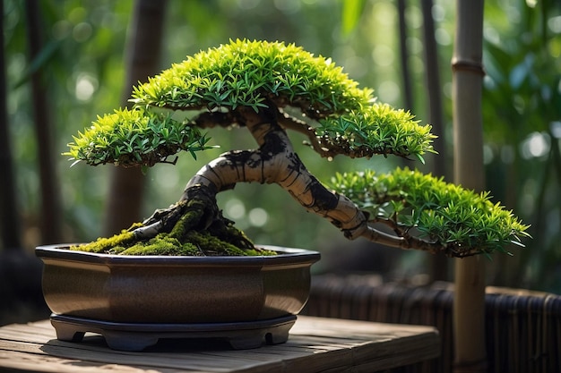 Foto bonsai en un tranquilo bosque de bambú