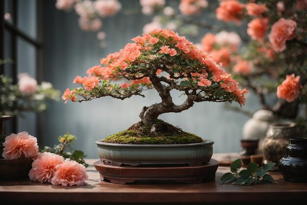 Bonsai, uma bela planta em vaso de azalea, árvore de flores