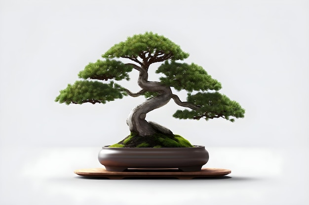 Bonsai verde en una olla sobre un fondo blanco.