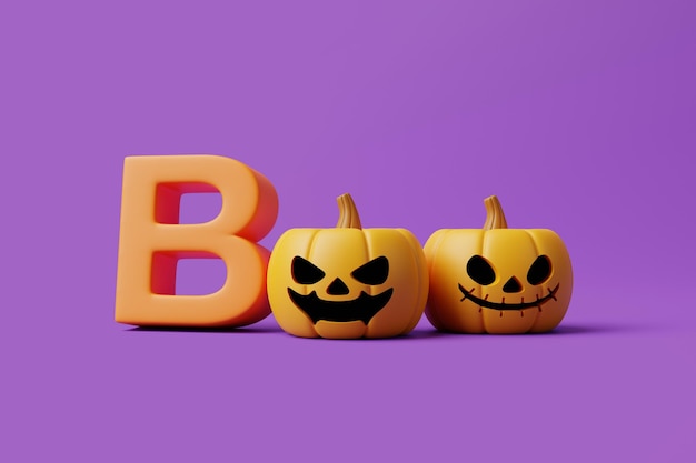 Boo Jack o Linterna calabaza con letras en fondo púrpura feliz concepto de Halloween renderizado en 3D