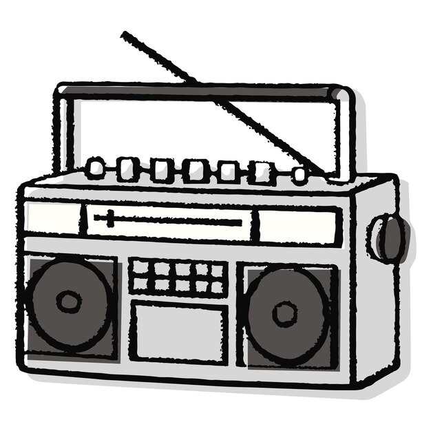 Boombox-Doodle-PNG-Aufkleber mit Retro-Musik-Player auf durchsichtigem Hintergrund