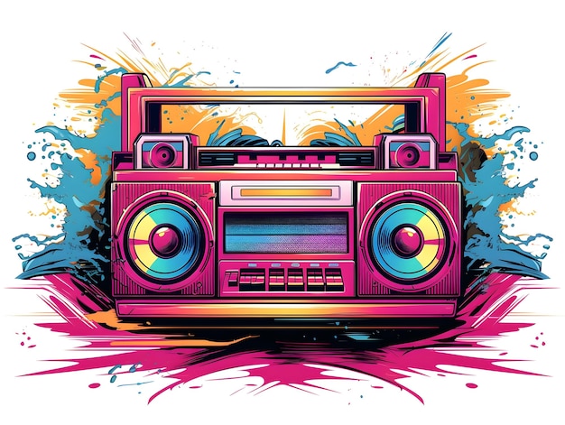 Boombox retro que emite ondas musicales coloridas diseño de camiseta aislado sobre fondo blanco