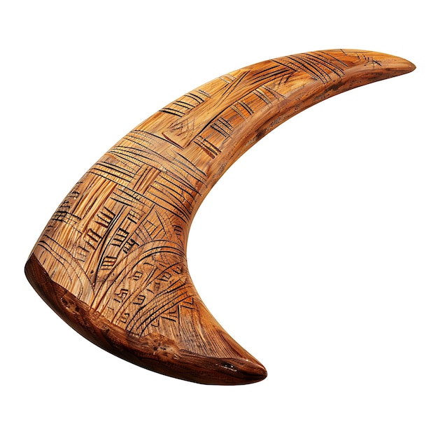 Foto boomerang de cedro rústico tallado con símbolos aborígenes y ca game asset 3d concepto de diseño aislado