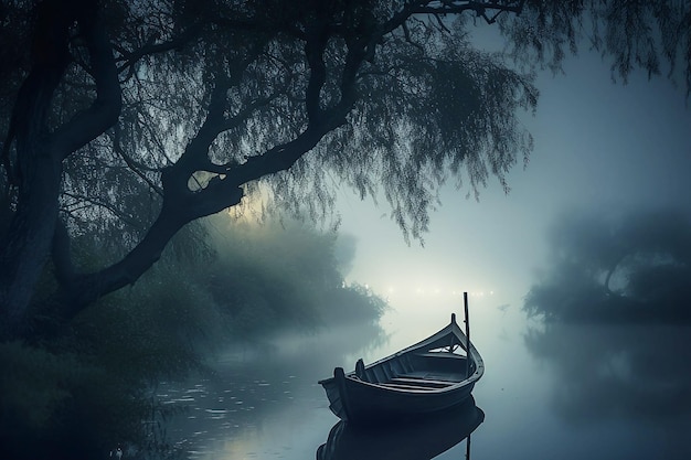 Boot am Flussufer in nebliger Nacht