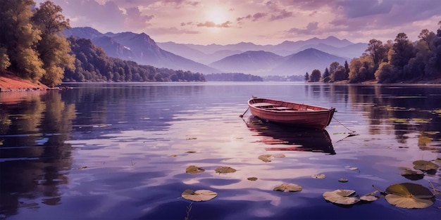 Boot auf dem See Aquarell Ölgemälde Tapete Hintergrund Landschaft Bootfahren Tapete