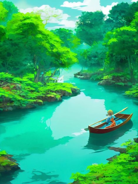 Boot im Fluss mit Baum, digitale Malerei.