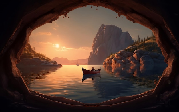 Boot im See mit einem Mann beim Sonnenuntergang im Hintergrund, Blick durch die Höhle