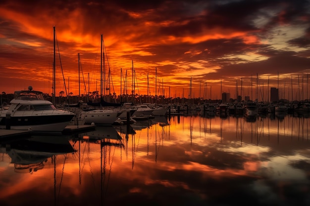 Boote am Pier während des roten Sonnenuntergangs Ruhige und friedliche Landschaft Generative KI