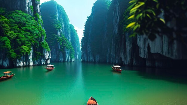 Boote auf dem Fluss in der Halong-Bucht