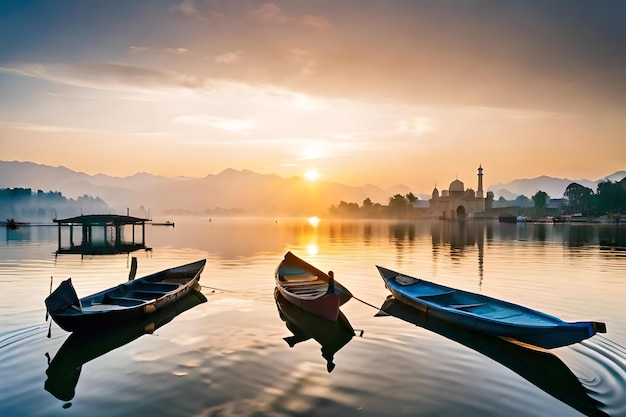 Boote auf dem Wasser mit einem Sonnenuntergang im Hintergrund