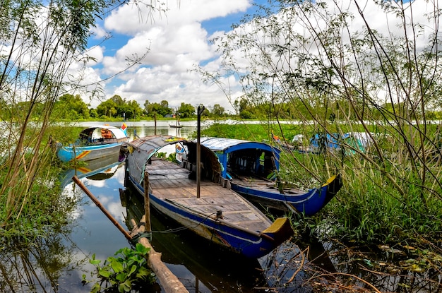 Boote, die an Bäumen am Fluss verankert sind