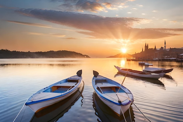 Boote im Wasser bei Sonnenuntergang, hinter ihnen die untergehende Sonne