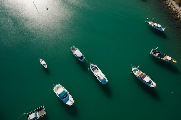 Boote in einem grünen Meer, auf die die Sonne scheint