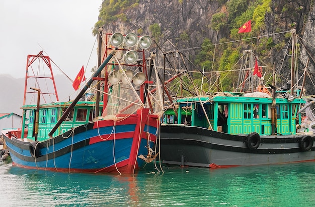 Boote in Ha Long Bay, Vietnam, Asien. Kalksteininseln im Hintergrund