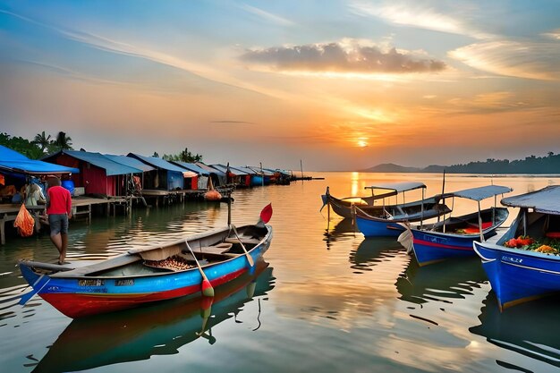 Boote liegen an einem Pier, während die Sonne hinter ihnen untergeht.