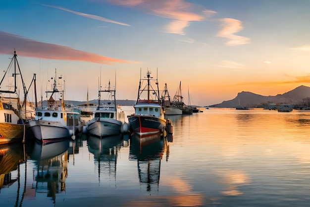 Boote liegen im Hafen und der Sonnenuntergang ist wunderschön.