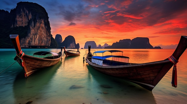 Boote sind bei Sonnenuntergang an einem Strand angedockt.