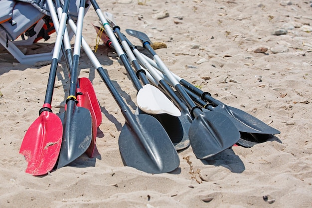 Bootsruder liegen auf dem Sand am Strand am Meer.