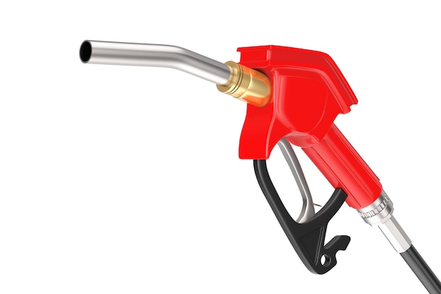 Boquilla de combustible de la bomba de pistola de gasolina, dispensador de gasolinera sobre un fondo blanco. Representación 3D