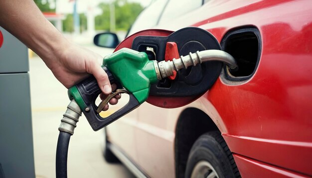 Boquilla de combustible de época añadir combustible en el coche en la gasolinera