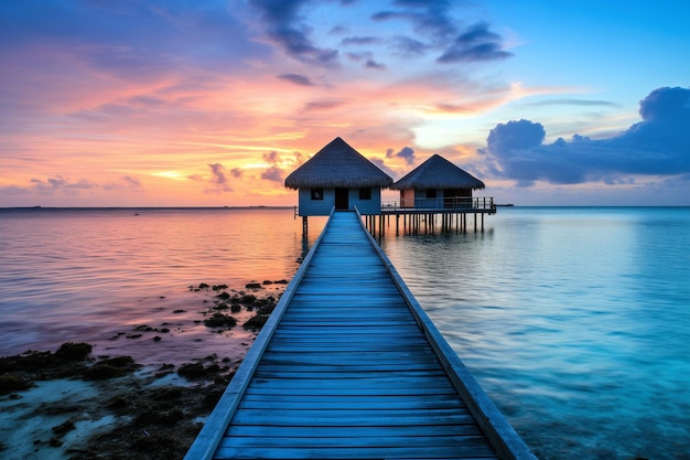 Foto bora bora bungalows sobre el agua al atardecer con muelle de madera que conduce sobre el agua cristalina