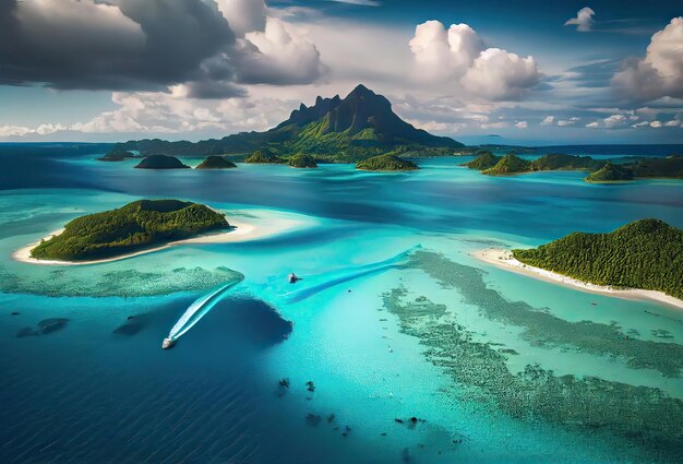 Bora Bora Luftaufnahme von Drohneninsel in Französisch-Polynesien Weißer Sandstrand und Berg Palmen und blaue Lagune Generative Ai Art