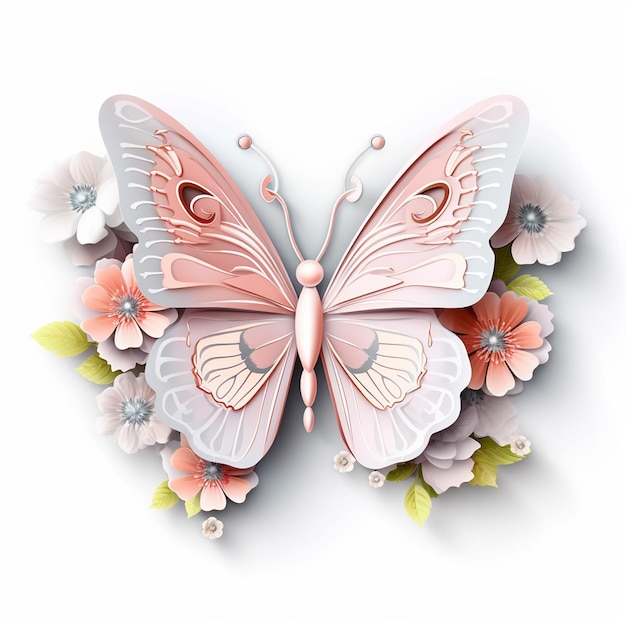 borboleta 3D com clipart de flores no fundo branco
