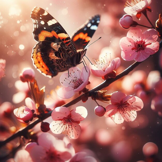 borboleta a pousar num galho de cereja em flor