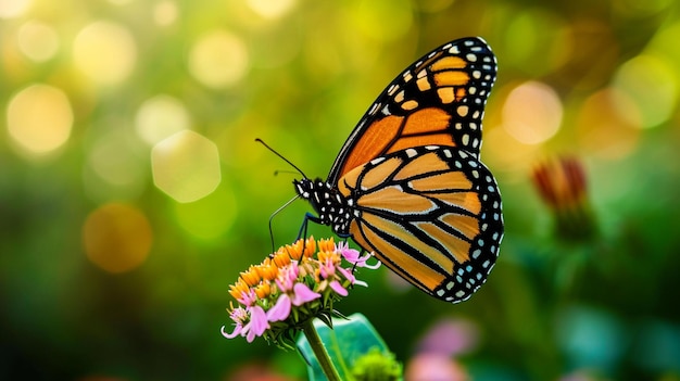 borboleta alimentando-se de uma flor Bela imagem na natureza da flor borboleta monarca AI Generative