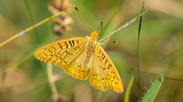 Borboleta amarela em cima de uma planta verde