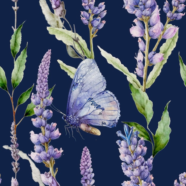 Borboleta aquarela e flor de lavanda pintura elegante sem costura de fundo