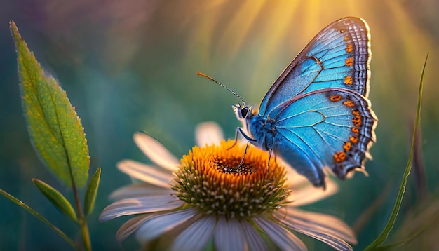 Foto borboleta azul com asas em forma de rombo polinizando uma flor iluminada pelo sol em close-up
