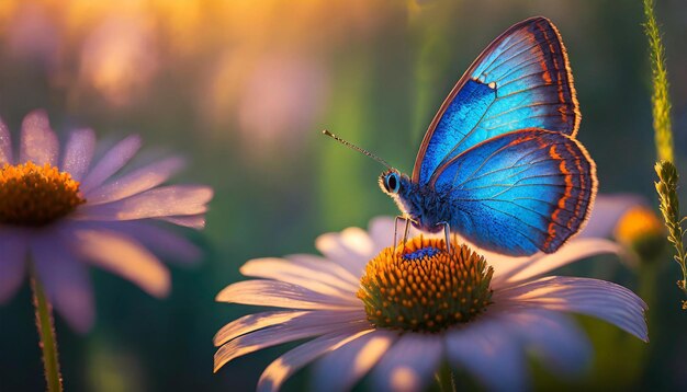 Foto borboleta azul com asas em forma de rombo polinizando uma flor iluminada pelo sol em close-up