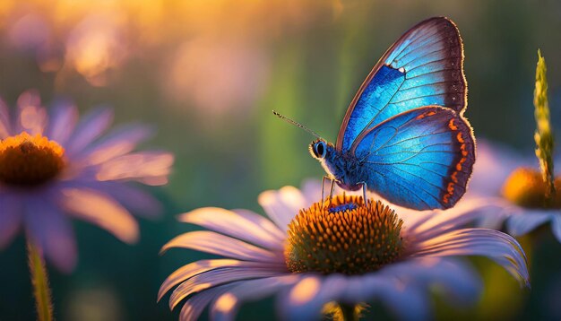 Foto borboleta azul com asas em forma de rombo polinizando uma flor iluminada pelo sol em close-up