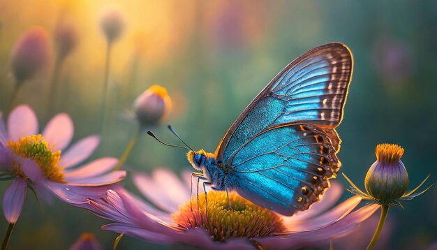 Foto borboleta azul com asas em forma de rombo polinizando uma flor iluminada pelo sol em close-up